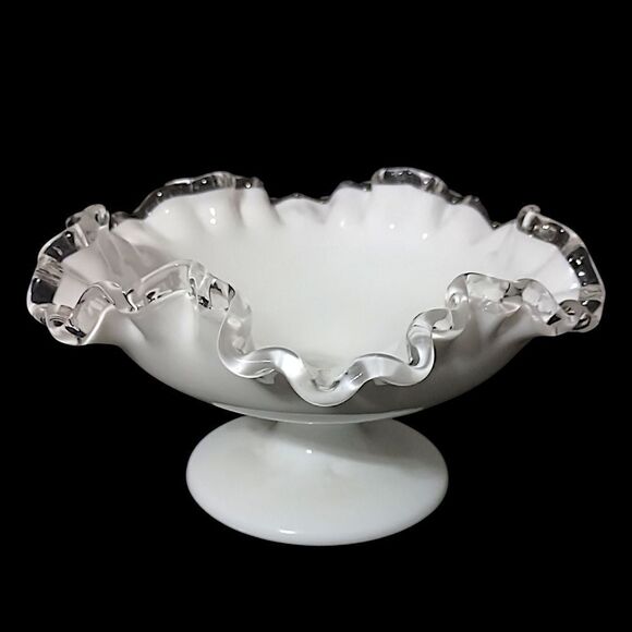 Fenton Silver Crest Compote Pedestal Dish Milk Glass Ruffled Edge Mid Century. - Picture 11 of 16